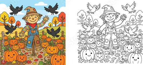 Cute cartoon scarecrow in a pumpkin patch coloring page with colored and line art outline version, autumn fall vector illustration for kids.