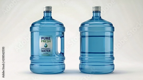 Two Large Blue Plastic Water Jugs With White Caps on White Background