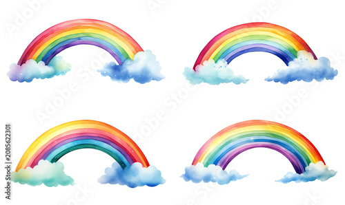Watercolor rainbow elements set isolated on white background with colorful arch and soft clouds