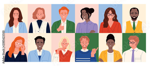 Collection of diverse business avatars featuring office workers, managers, and corporate staff portraits in flat style, isolated on white background vector illustration