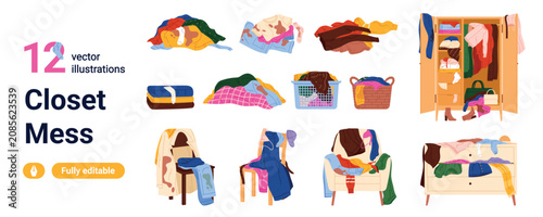 Photos Collection of messy closet and laundry storage scenes with scattered clothes, ba