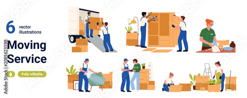 Set of movers loading truck, packing boxes, assembling furniture and handling household belongings during relocation, isolated on white background vector illustration