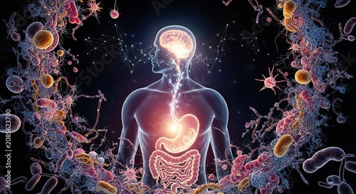Silhouette of a human showing glowing stomach and brain linked with surrounding gut bacteria