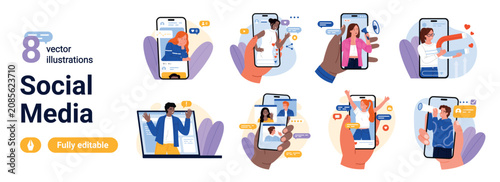 Collection of social media scenes with smartphone screens, messaging, video calls, influencer content, followers and online communication, isolated on white background vector illustration