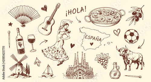 Spanish Cultural Symbols Illustration With Sketch Style Rendering And Warm Tones