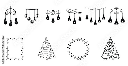 Fotografía Decorative Hanging Light Fixtures and String Light Frames Vector Collection with