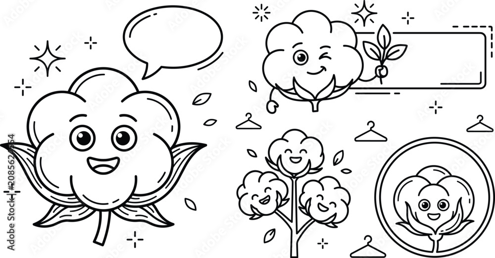 Fototapeta premium Cute organic cotton boll mascot characters and textile fabric labels vector line art illustration set