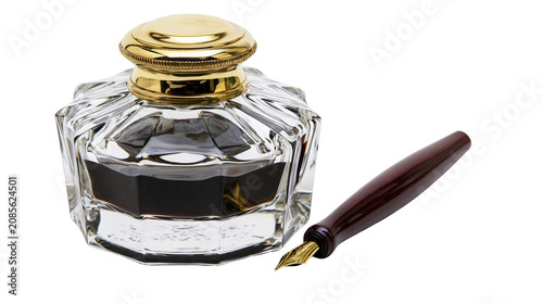 Glass inkwell with gold lid and fountain pen