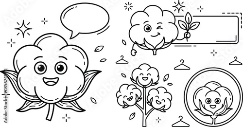 Quadro su tela Cute organic cotton boll mascot characters and textile fabric labels vector line
