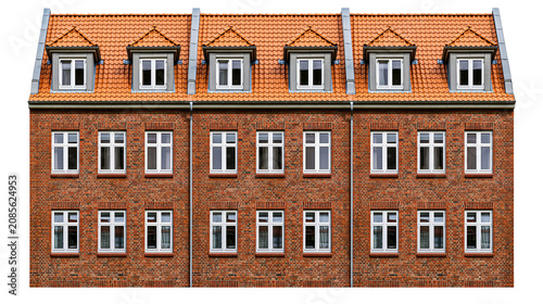 Tableau sur toile Brick apartment building with orange tiled roof and dormer windows