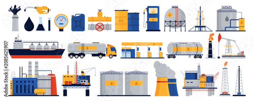 Petroleum industry icons with refinery plant, offshore platform, oil tanker ship, fuel truck, gas station, storage tanks, drilling rigs isolated on white background vector illustration