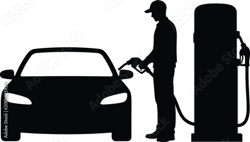 Black Silhouette of Worker Refueling Car at Gas Station Isolated on White Background