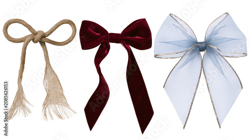 Fotografie Three decorative bows jute twine with frayed ends deep red velvet, and sheer pal