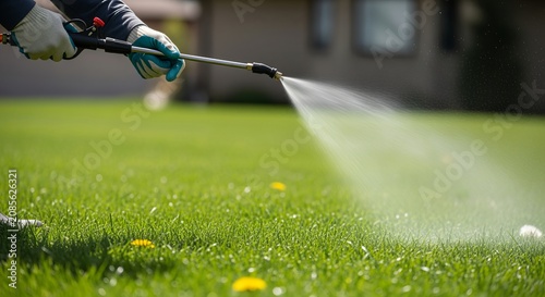 Pest control professional applying pesticide on lush green lawn for optimal pest management outdoors