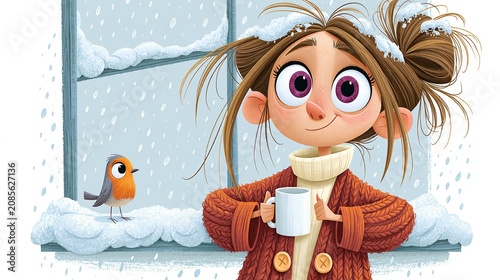 Cartoon illustration of a young woman with a light brown messy bun holding a white mug by a snow-covered window with a small robin nearby. Cozy winter scene perfect for nursery decor, greeting cards, 