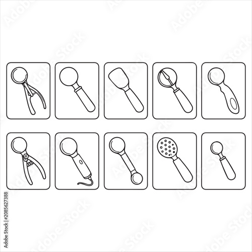 Kitchen Utensil Icons Set with Line Drawings