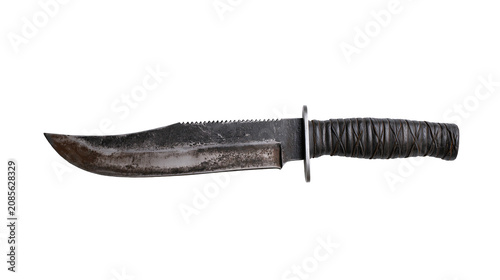 Bild auf Leinwand Tactical combat knife with serrated edge and leather-wrapped handle