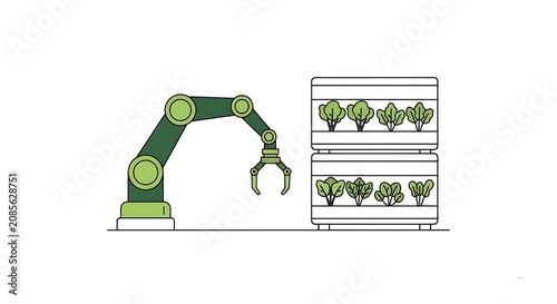 Green industrial robotic arm tending to rows of leafy plants on a two tier rack. Automated smart agriculture farming technology concept.