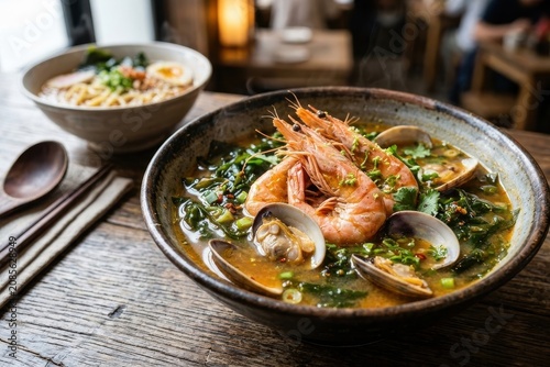 Authentic Asian Seafood Ramen with Fresh Shrimp and Clams in Spicy Broth, Rustic Restaurant Dining Experience with Flexible Layout for Culinary Design
