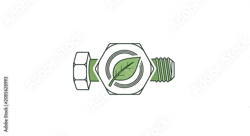 Green line art of a hex nut and bolt with a leaf design inside, symbolizing eco-friendly engineering and sustainable technology.
