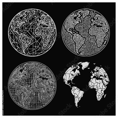 Abstract World Map Globe Set Featuring Global Connection, Geometric Earth, Digital Technology, and Topographic Design Patterns on Black