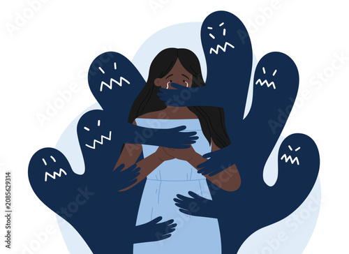 Sad woman overwhelmed by dark shadowy figures representing abuse, depression, and fear, expressing emotional struggle and mental health issues, vector illustration