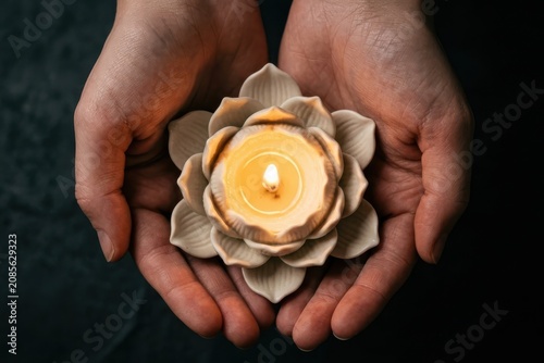Human Hands Cupping a Lit Lotus Flower Ceramic Candle Holder for Mindfulness Meditation and Spiritual Wellness Background. Top Down View with Dark Contrast and Peaceful Vibe for Flexible Layout.