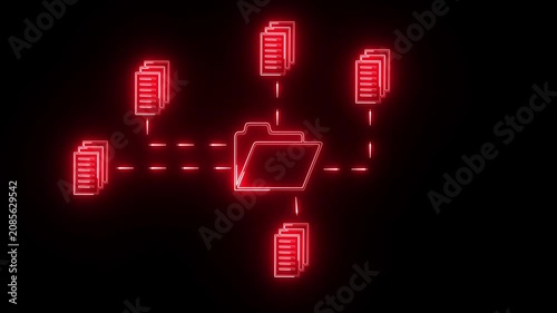 Neon document management system icon connecting multiple files and folders, diagram illustrating a central folder connected icon to multiple stacks of documents.