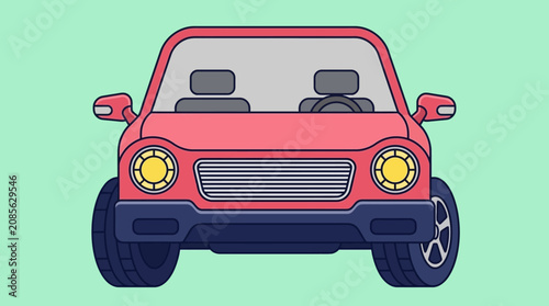 red cartoon car front view with grille and yellow headlights on green background