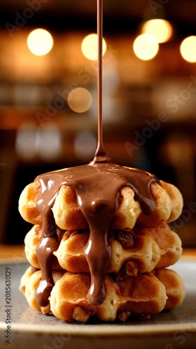 Chocolate sauce is poured over a stack of waffles on a plate in a restaurant.