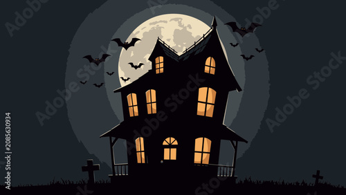 Spooky haunted house silhouette under full moon with flying bats