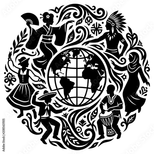 cultural diversity and global unity multicultural people in traditional attire surrounding an earth globe illustration.