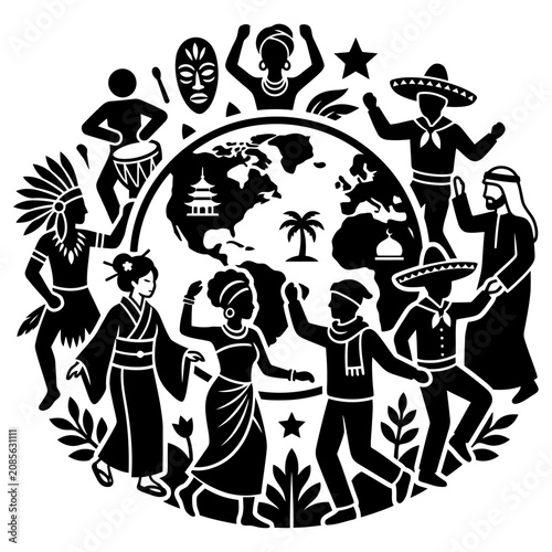 cultural diversity global unity international celebration multi-ethnic people dancing in traditional clothing around the world.