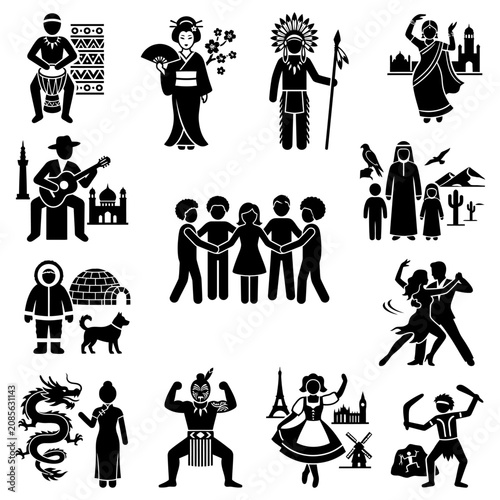 cultural diversity world cultures and global unity depicted through traditional costumes of various ethnic groups and people worldwide