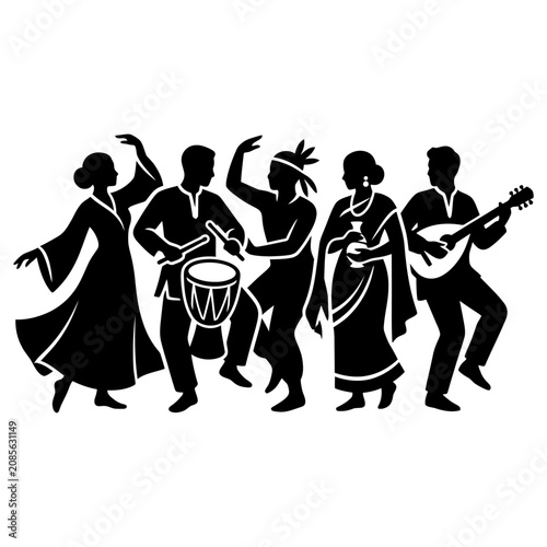 cultural performance of diverse people dancing and playing traditional music with drums and string instruments.