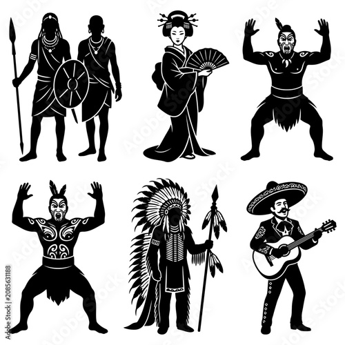 diverse cultures and ethnic groups silhouettes representing traditional people and world cultural diversity