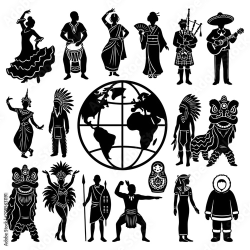 diverse global cultures traditional clothing ethnic groups and international people showcase world diversity with a globe.