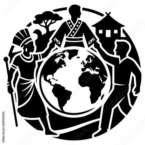 global unity cultural diversity and international cooperation depicted by diverse people connecting around an earth globe.