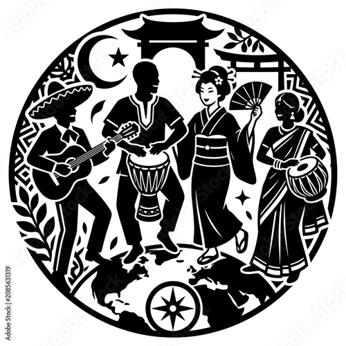 global unity and cultural diversity depicted in an international celebration of diverse cultures playing world music symbolizing global harmony.