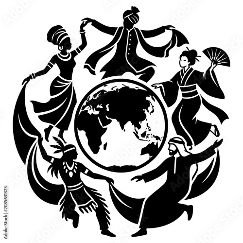 multicultural people celebrating global unity and cultural diversity dancing around a globe symbolizing international cooperation