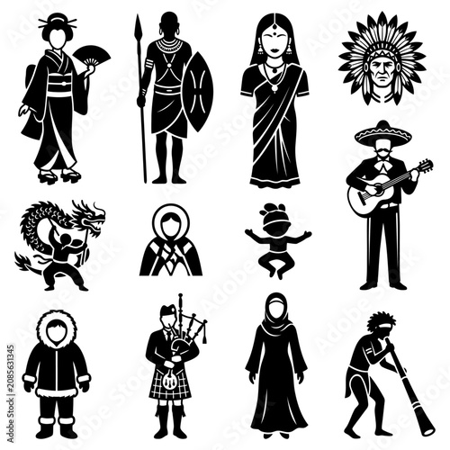 world cultures and diverse people representing various ethnic groups in traditional clothing a vector icon set.