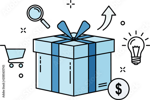 Photography Blue gift box with symbolizing shopping, discovery, growth, and profit ribbon sh