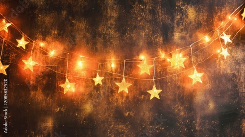 A string of golden star-shaped lights with orange lights hanging from it against a dark, textured background.