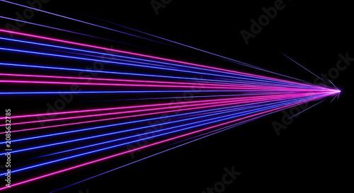 A long, bright beam of light shoots across a black background. Multiple parallel lines of vibrant pink and blue light converge towards a single, intense point.