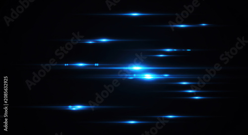 A dark background displays a series of bright blue light rays emanating from a lens. The light rays create a linear pattern across the image, with varying intensities of blue light.