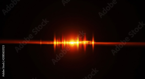 A dark background showcases a bright, intense beam of red light. The light forms a horizontal line with distinct, glowing points, resembling a sound wave or a laser.