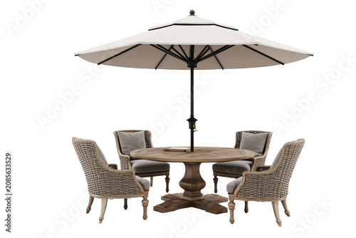 Elegant luxury outdoor patio set with wicker chairs and large beige umbrella for modern backyard dining