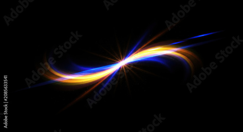 A vibrant, abstract light trail forms a swirling, infinity symbol against a stark black background.