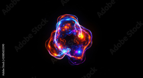 A vibrant, abstract nebula glows against a stark black background. The nebula displays swirling patterns of intense blue, red, and orange light, creating a dynamic and energetic visual effect.