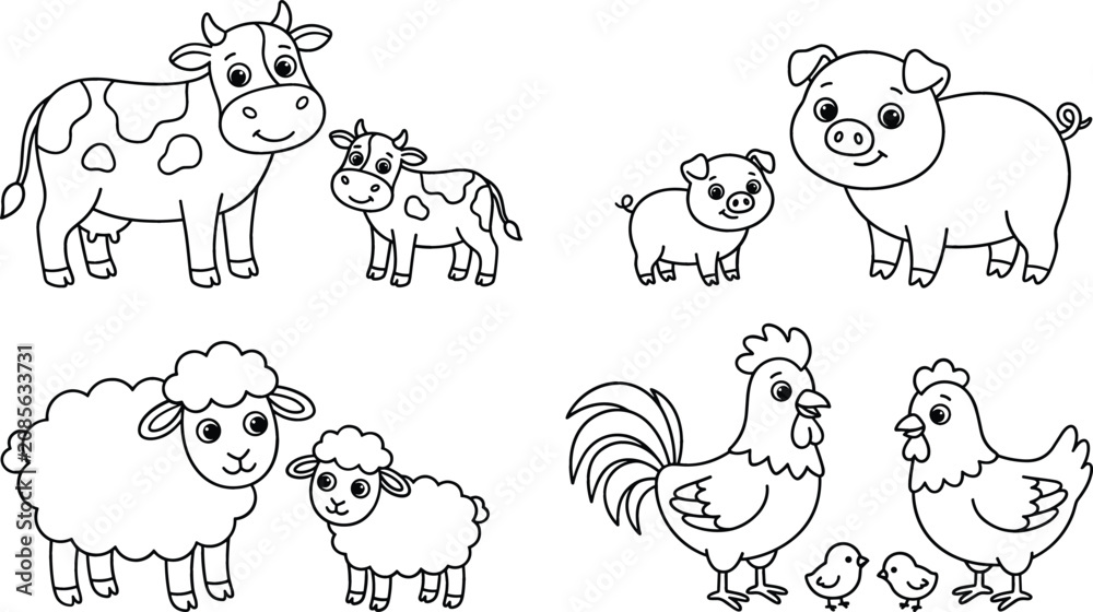 Obraz premium Cute Farm Animals and Their Babies Coloring Page Set Featuring Cartoon Cow Pig Sheep Chicken Hen and Rooster Families for Kids Activity Sheets